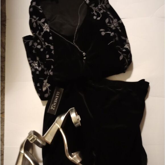 🆕🤵🏽Elementz 2 Piece Black Velour Pants Set With Silver Flowers - Picture 1 of 7